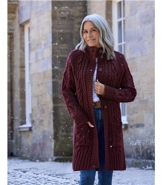 Langstrickjacke mit Aran-Zopfmuster aus reiner Wolle für Damen