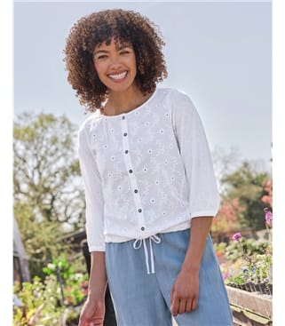 3/4 Length Sleeve Embroidered Tie Hem Top
