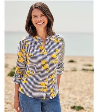 Blue Yellow Floral Stripe | Womens Organic Jersey Shirt | WoolOvers UK