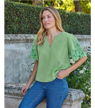 Cutwork Sleeve Notch Neck Top