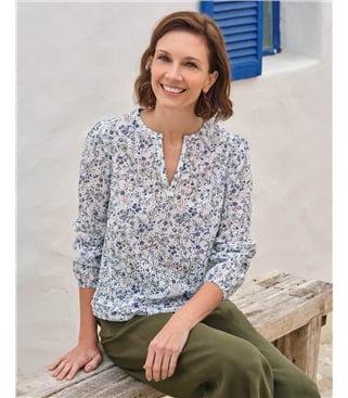 Printed Broderie Notch Neck Top