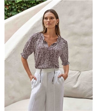 Short Sleeve Tie Frill Neck Blouse