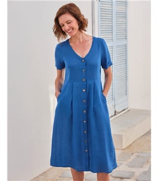 Persian Blue | Button Through Linen Dress | WoolOvers UK