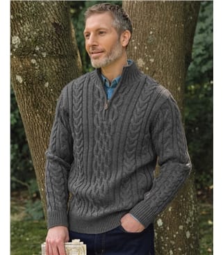 Pure Wool Knitted Aran Cable Zip Neck Jumper