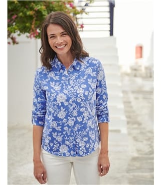 puur via evalueren Blue Floral Print | Womens Organic Jersey Shirt | WoolOvers US