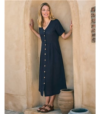 Robe boutonnée en lin à col en V - Femme