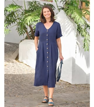 Navy | Button Through Linen Dress | WoolOvers UK