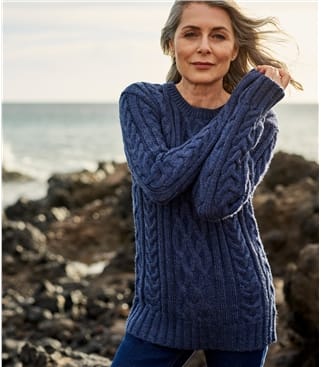 Denim Marl | Womens Pure Wool Aran Sweater | WoolOvers AU