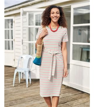 Multi Stripe | Organic Cotton Tie Waist Jersey Dress | WoolOvers US