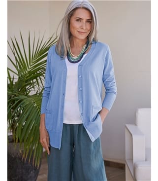 Denim Blue Silk Cotton Long Cardigan WoolOvers UK