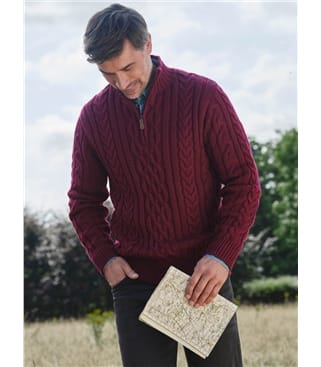 Pure Wool Knitted Aran Cable Zip Neck Jumper
