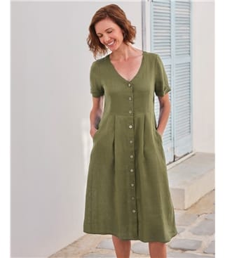 Robe boutonnée en lin à col en V - Femme