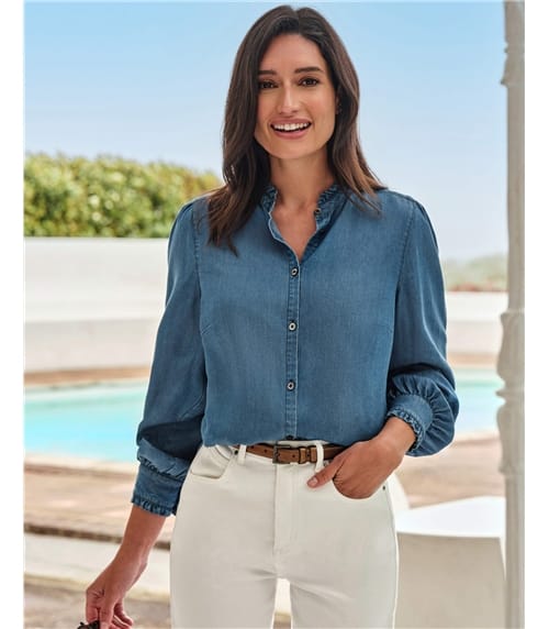 Denim Frill Stand Collar Shirt