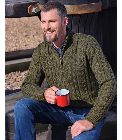 Pure Wool Knitted Aran Cable Zip Neck Jumper