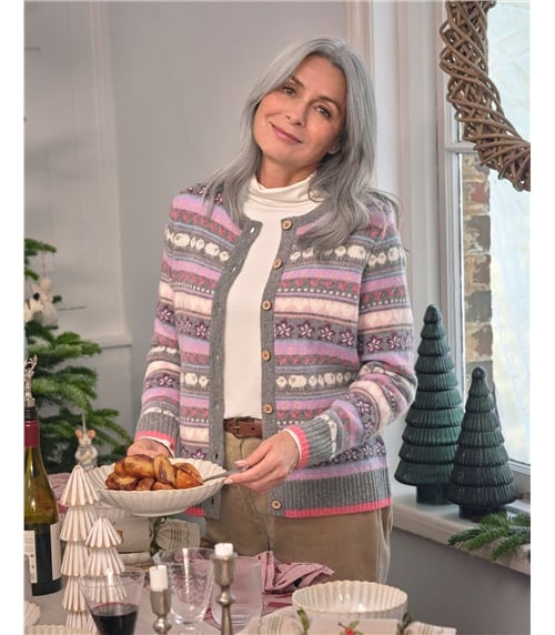 Fairisle- Strickjacke mit Blumen- und Schafmuster