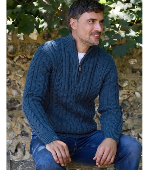 Pure Wool Knitted Aran Cable Zip Neck Jumper