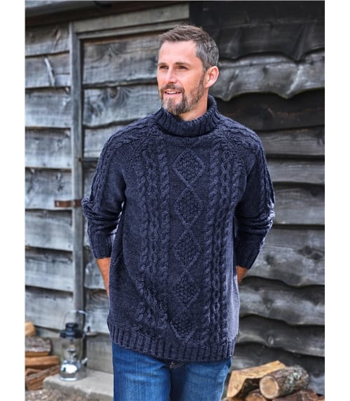 Pure Wool Knitted Aran Polo Neck Jumper