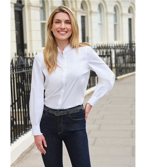 Washed Cotton Frilled Stand Collar Shirt