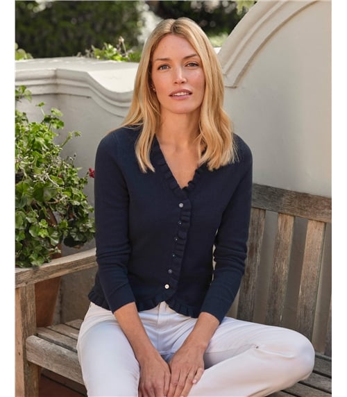 Kaschmirstrickjacke mit Rüschenkante