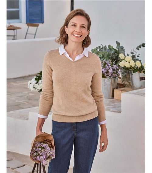 Pullover mit V-Ausschnitt aus Merinowolle und Kaschmir für Damen