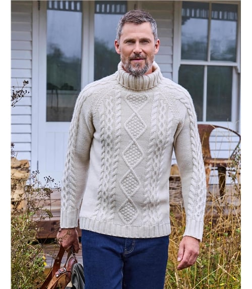 Rollkragenpullover mit Aran-Zopfmuster aus reiner Wolle für Herren