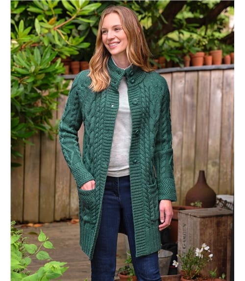 Langstrickjacke mit Aran-Zopfmuster aus reiner Wolle für Damen