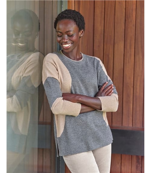 Cashmere Blend Bi-Color Patch Intarsia Sweater