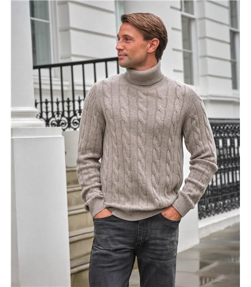 Wool Cashmere Cable Roll Neck Sweater