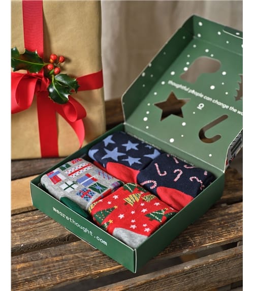 Christmas Candy Cane And Star Bamboo Gift Box of 4 Socks