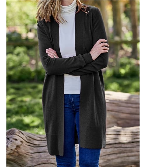 Lange, offene Strickjacke aus Merinowolle und Kaschmir für Damen