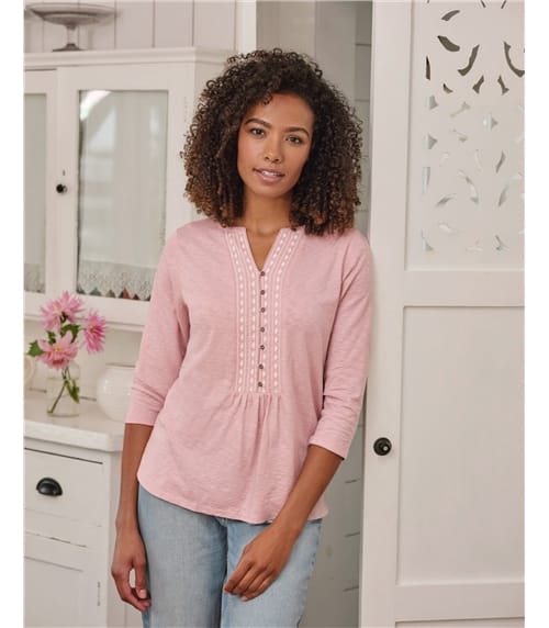 Notch Neck Popover Embroidered Top