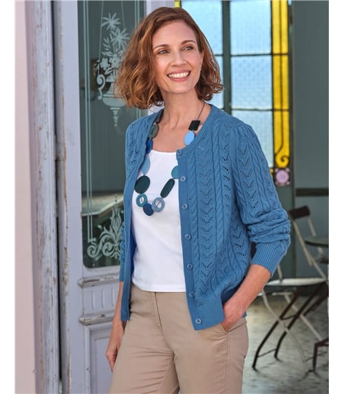 Pointelle Stitch Crew Neck Cardigan