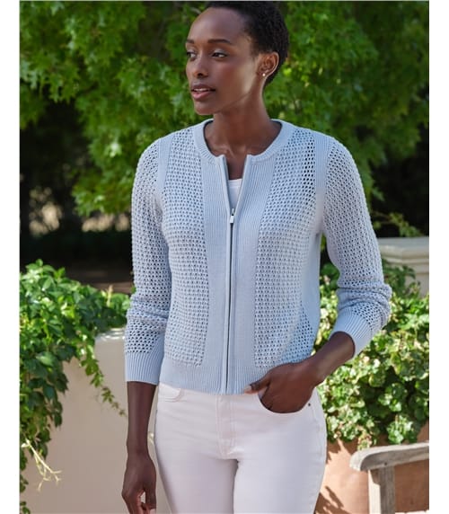Cotton Mesh Zip Through Cardigan