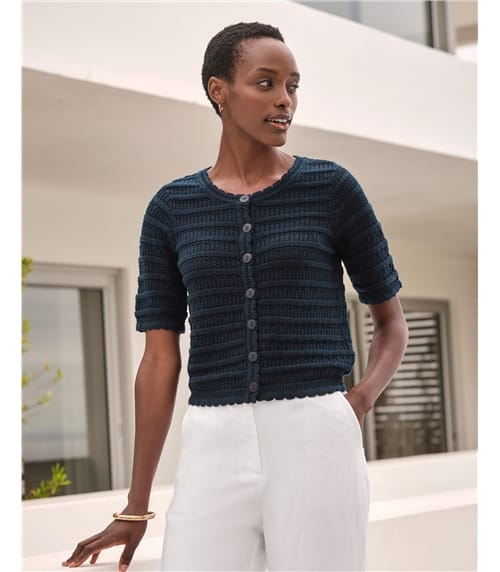 Cotton Short Sleeve Crochet Trim Cardigan