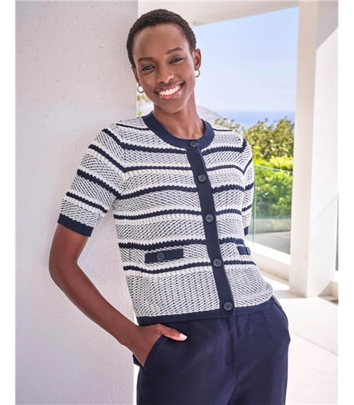 Cotton Textured Short Sleeve Stripe Cardigan