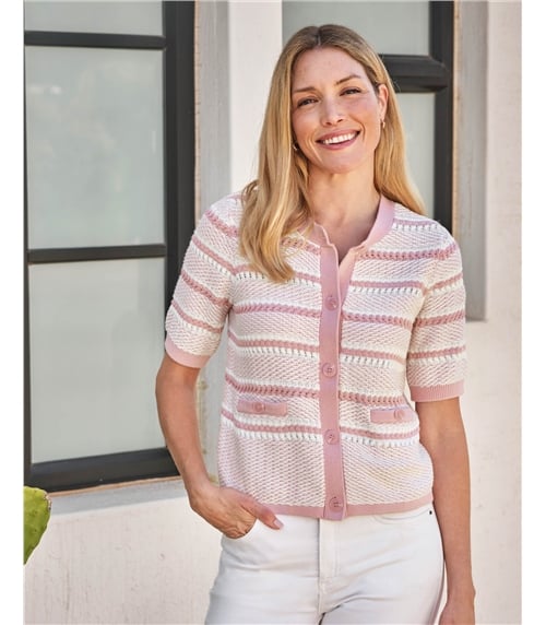 Cotton Textured Short Sleeve Stripe Cardigan