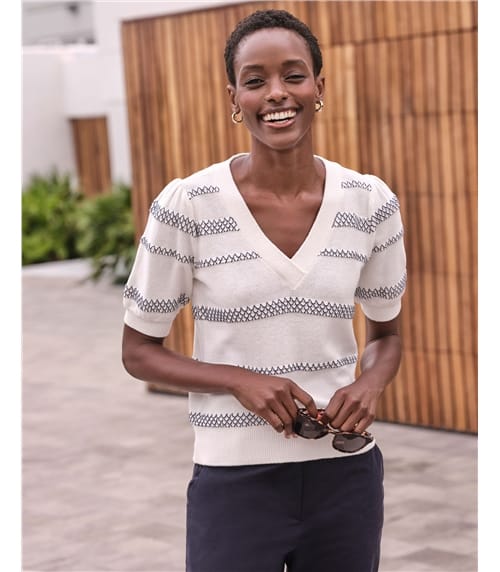 Cotton Short Sleeve Puff Stripe Sweater
