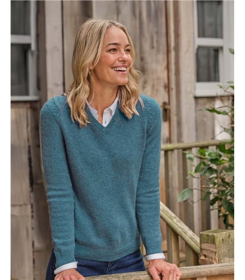 Pullover mit V-Ausschnitt aus Lammwolle für Damen