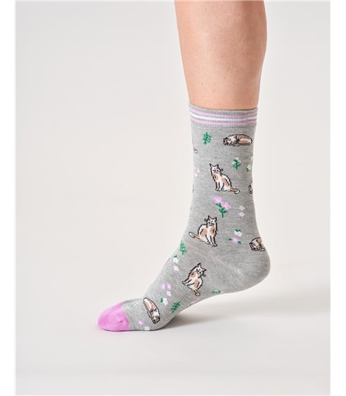 Womens Floral Cat Organic Cotton Crew Socks