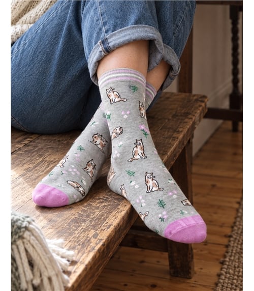 Womens Floral Cat Organic Cotton Crew Socks