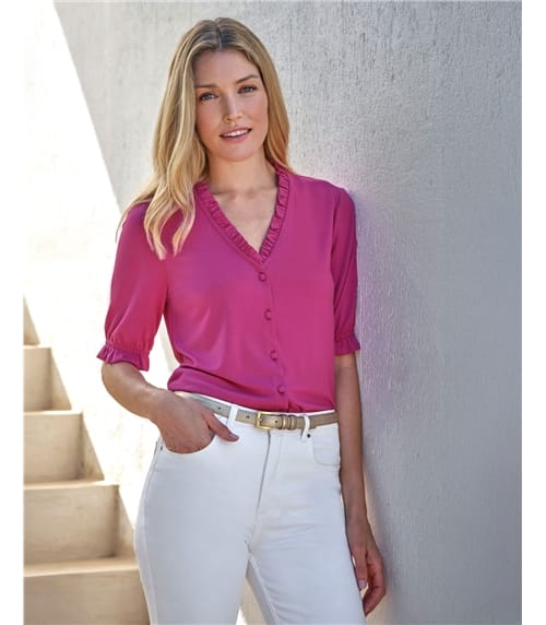 Short Sleeve Frill V Jersey Blouse