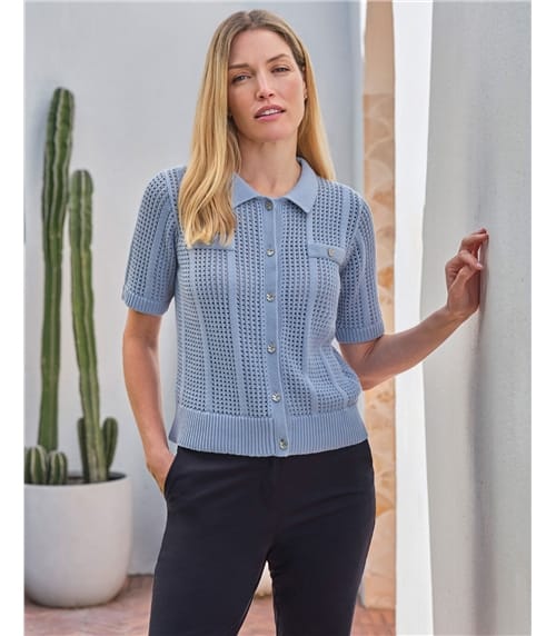 Short Sleeve Cotton Collar Mesh Cardigan