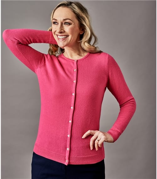 Peony Pink | Womens Pure Cashmere Crew Neck Cardigan | WoolOvers US