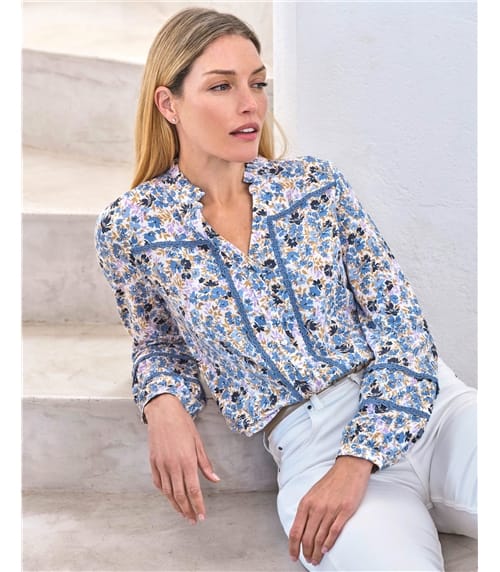 Lace Trim Printed Jersey Blouse