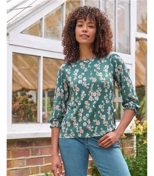 Shirred Cuff Crew Neck Top