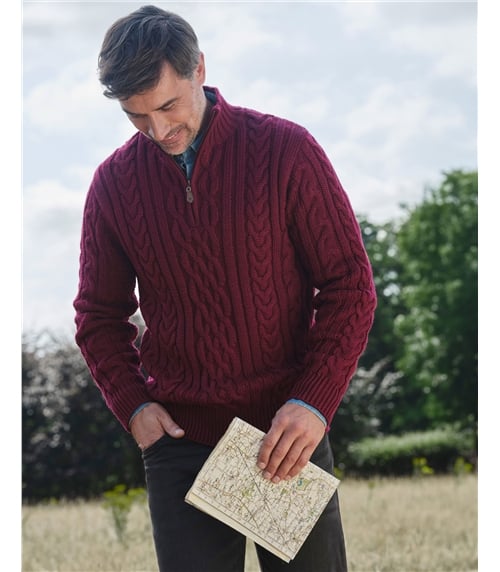 Pure Wool Knitted Aran Cable Zip Neck Jumper