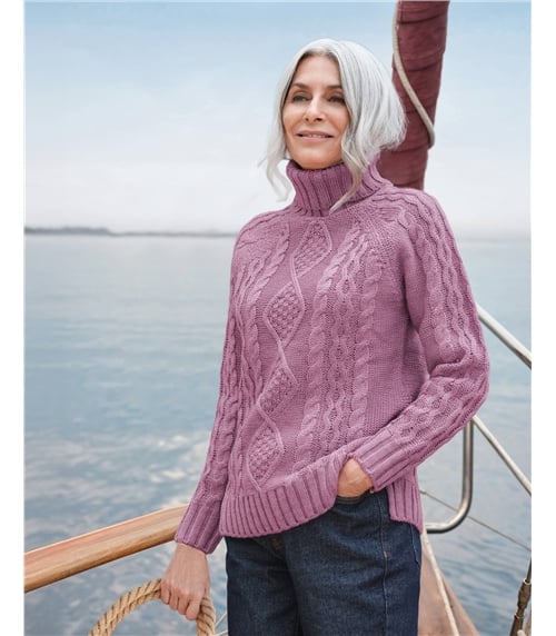 Pullover mit Aran-Zopfmuster und Rollkragen aus reiner Wolle für Damen