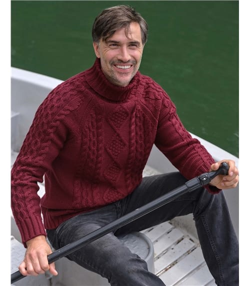 Rollkragenpullover mit Aran-Zopfmuster aus reiner Wolle für Herren