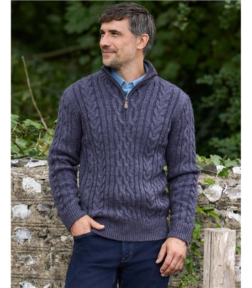 Pure Wool Knitted Aran Cable Zip Neck Jumper