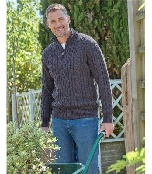 Pure Wool Knitted Aran Cable Zip Neck Jumper